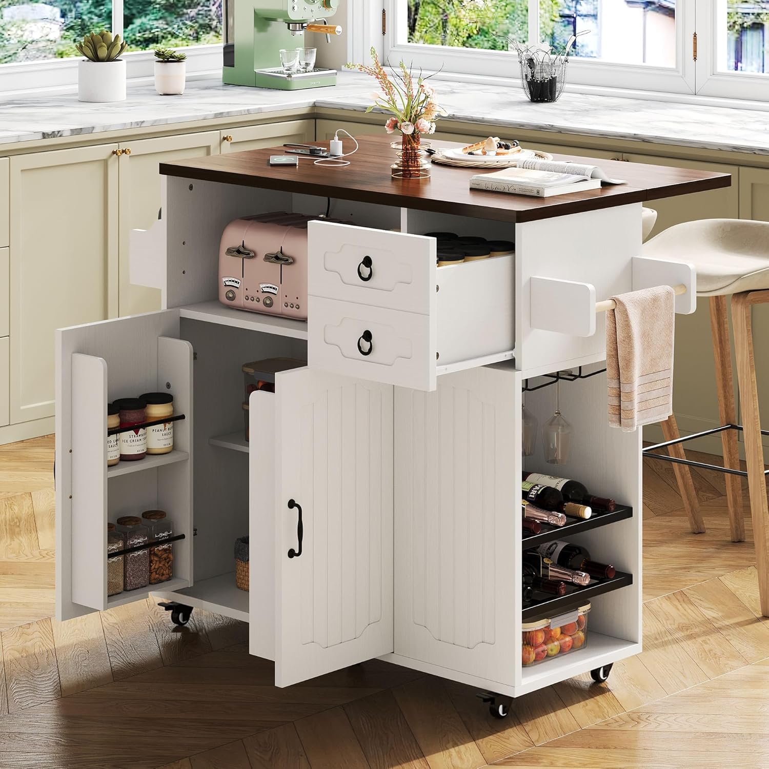 LIKIMIO 51" Mobile Kitchen Island Cart with Drop Leaf & Power Outlet