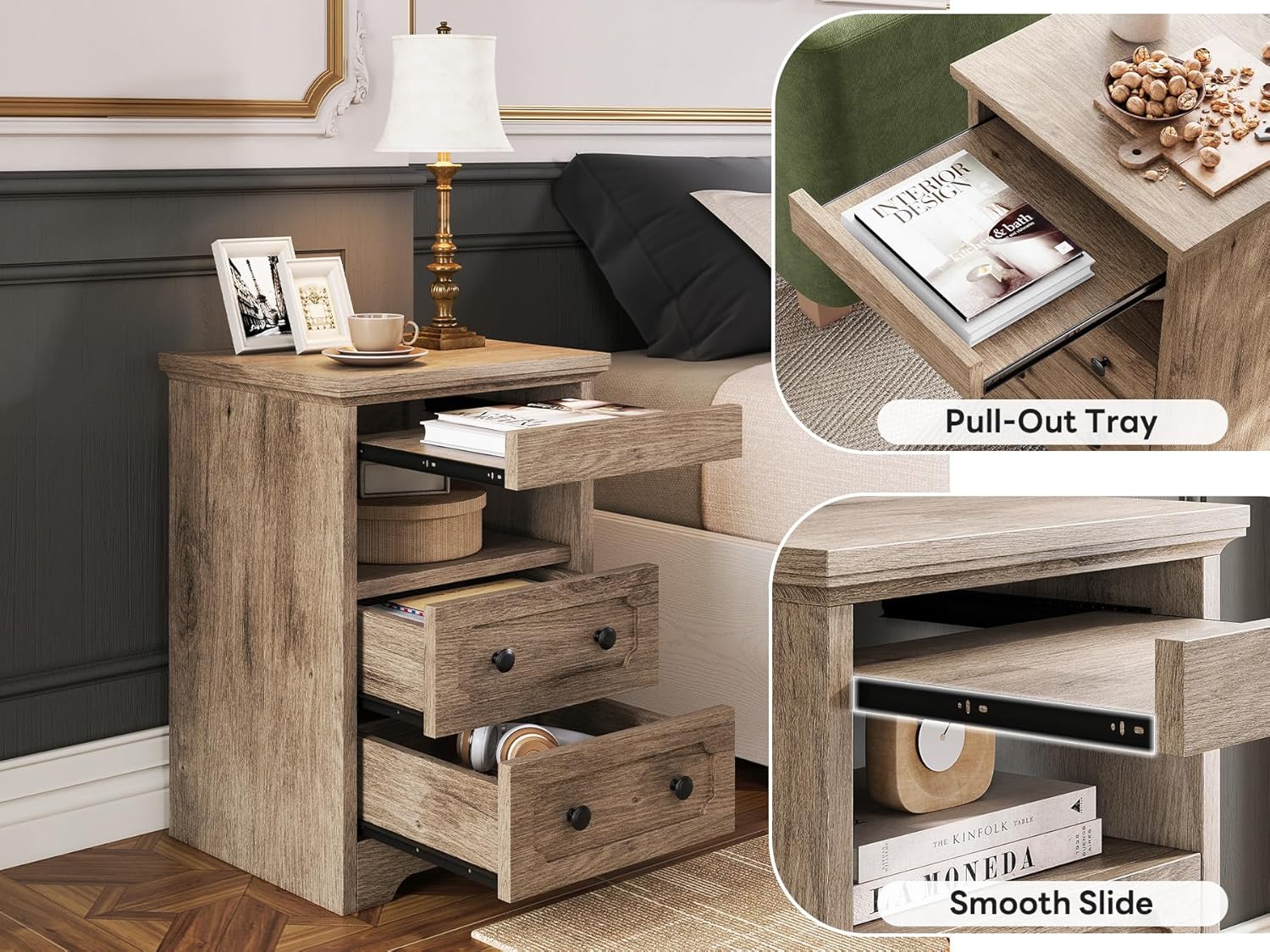 LIKIMIO Wooden Pull Out Tray Nightstand