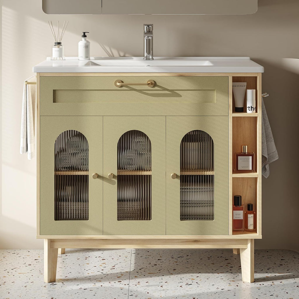 LIKIMIO 36 Inch Bathroom Vanity with Sink, Arched Glass Door Storage with Adjustable Shelf, 36" Single Sink Vanity