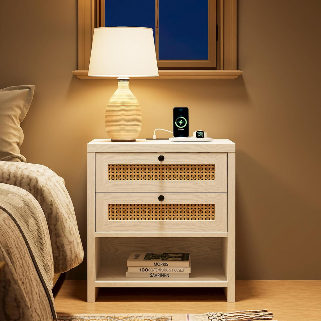 LIKIMIO Rattan Charging Nightstand Set