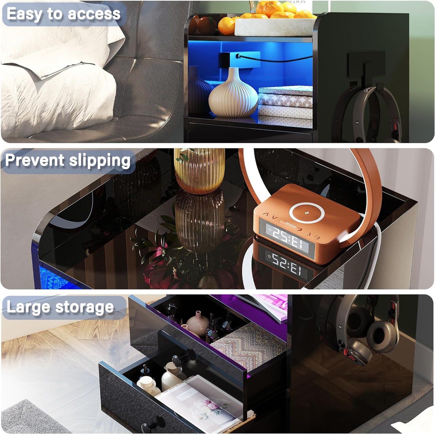 Black Nightstand with LED Light
