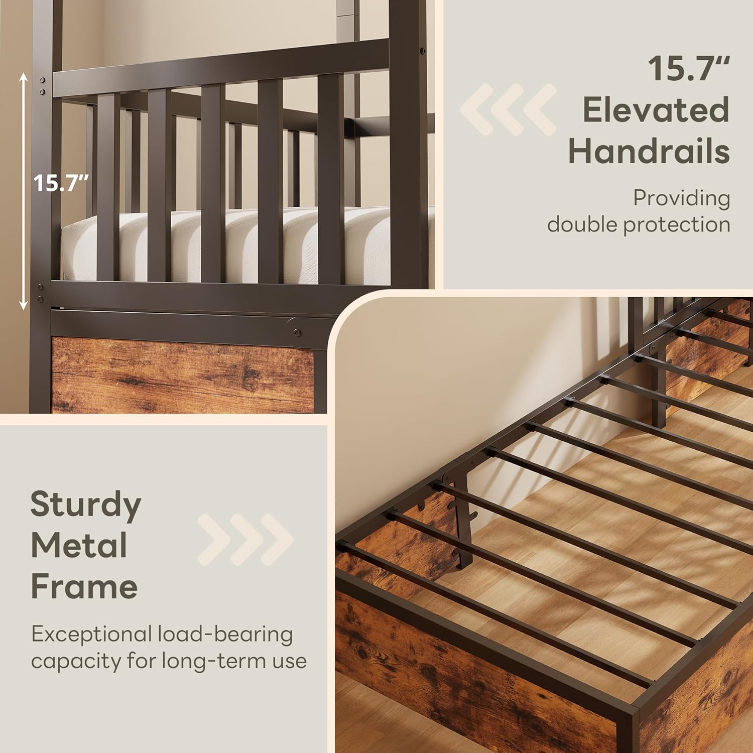 LIKIMIO Twin Bed Frame with 2 Storage Drawers, House Bed, Vintage Brown and Black
