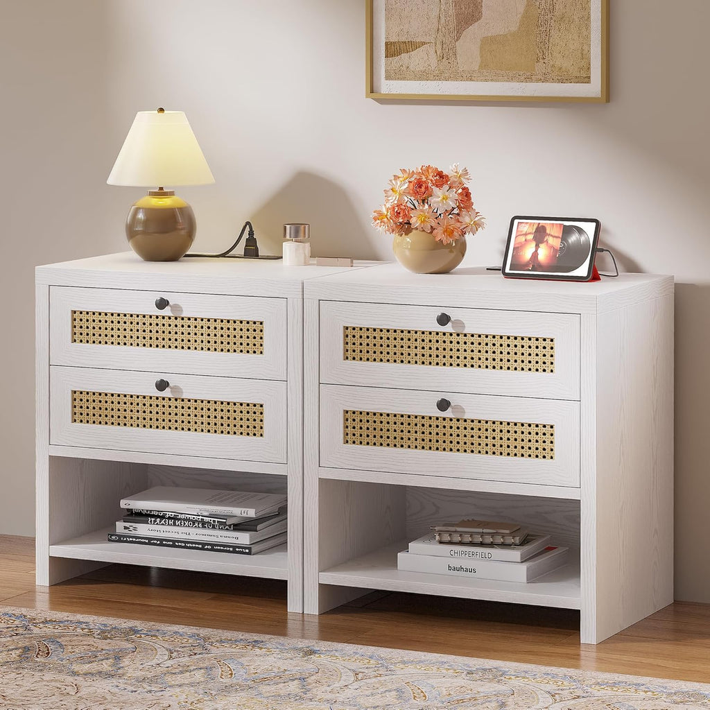 LIKIMIO Rattan Charging Nightstand Set