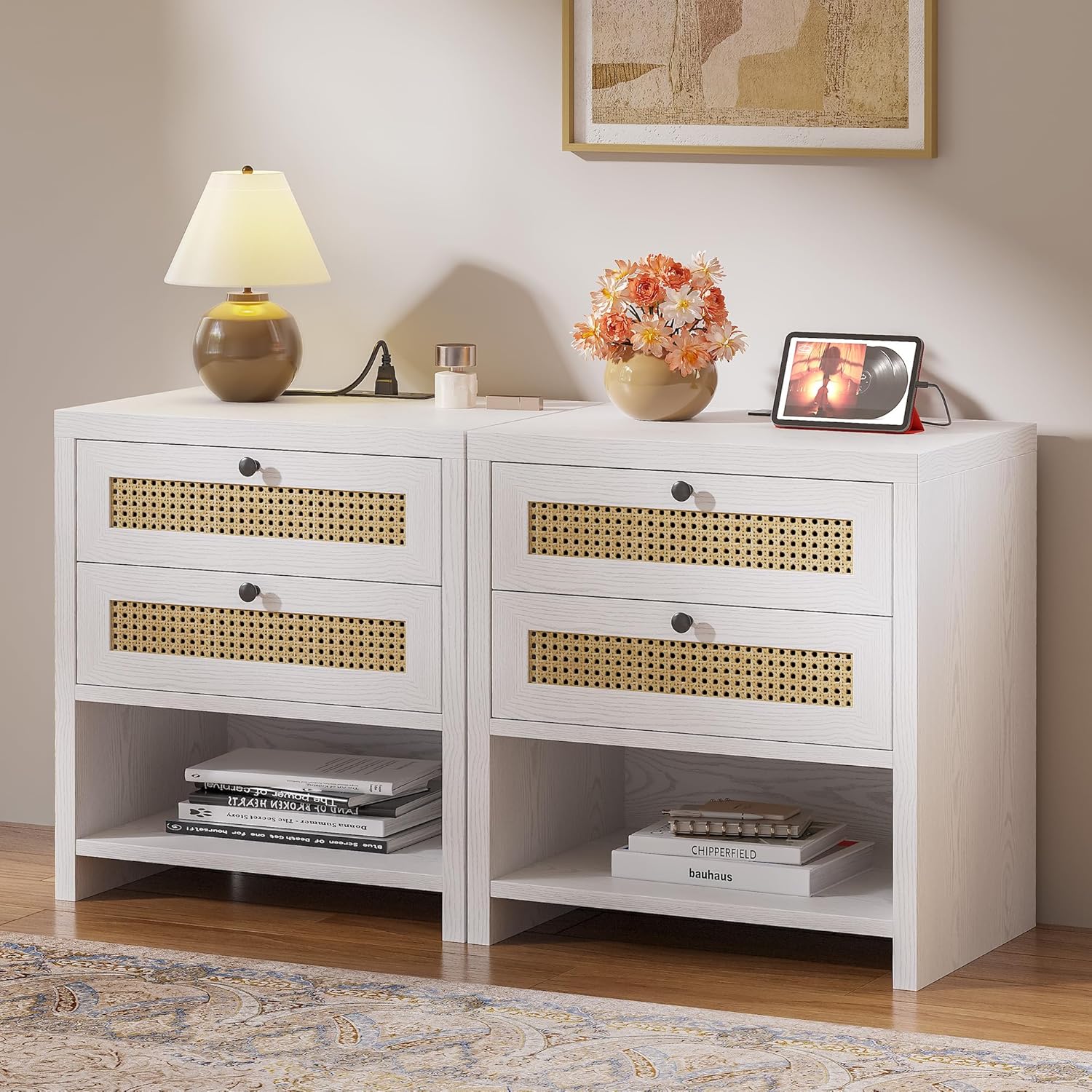 LIKIMIO Rattan Charging Nightstand Set