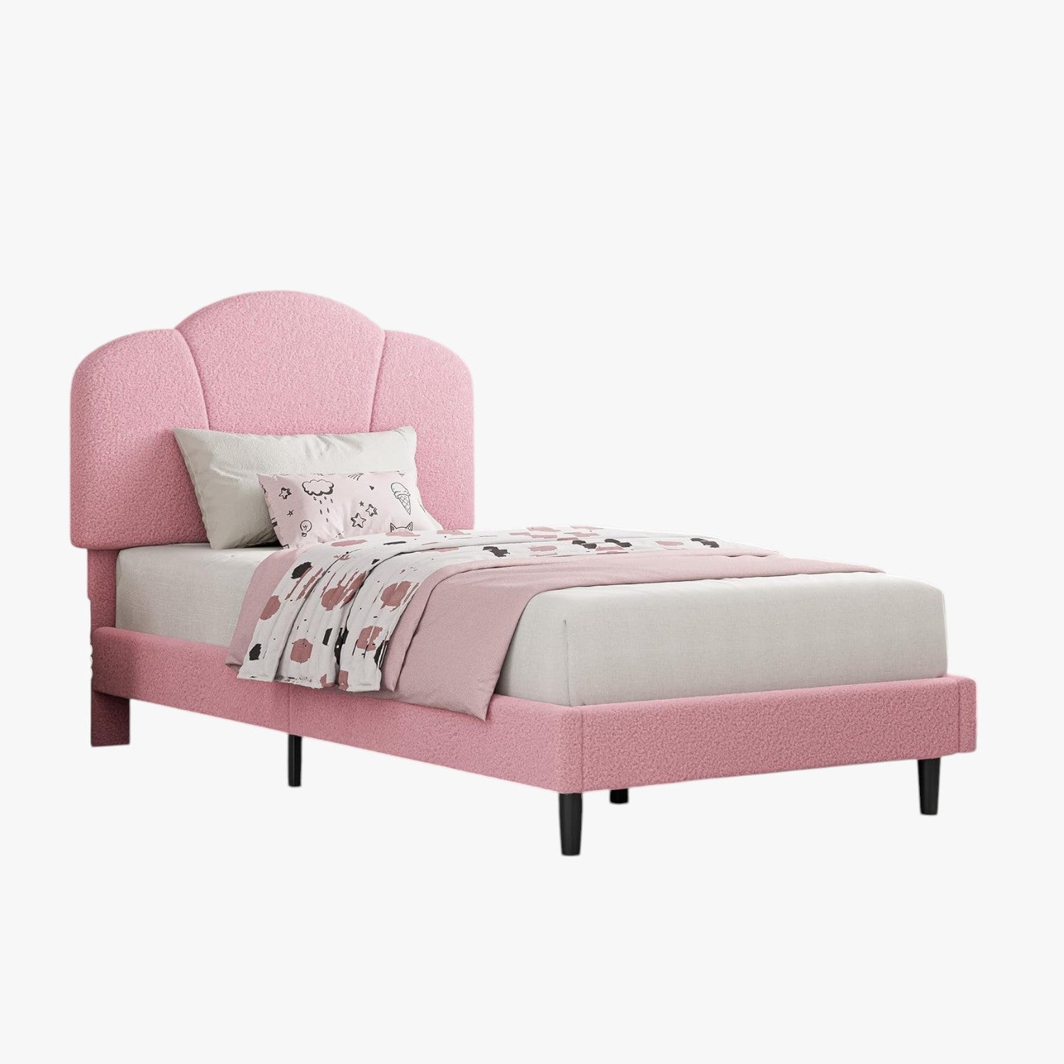 LIKIMIO Upholstered Twin Beds with Lamb Velvet 800LBS Sturdy, Pink