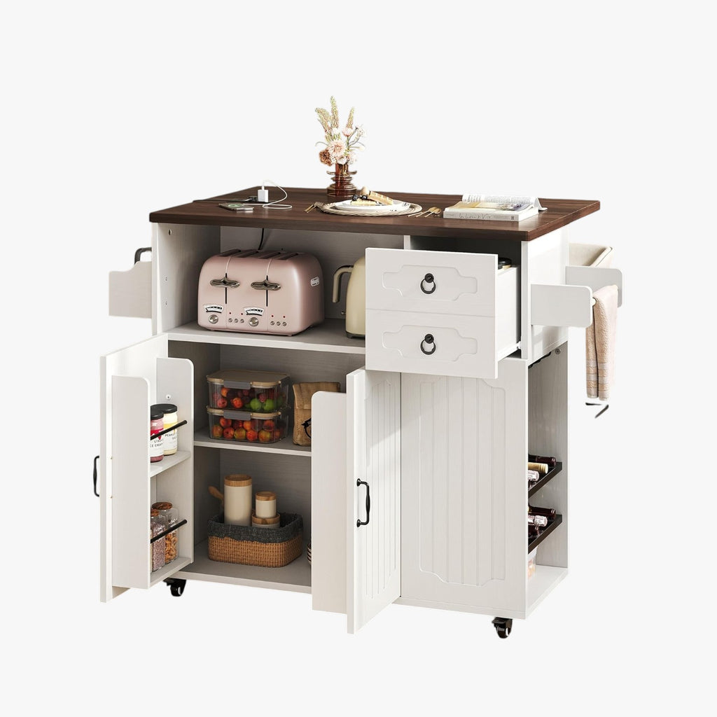 LIKIMIO 51" Mobile Kitchen Island Cart with Drop Leaf & Power Outlet