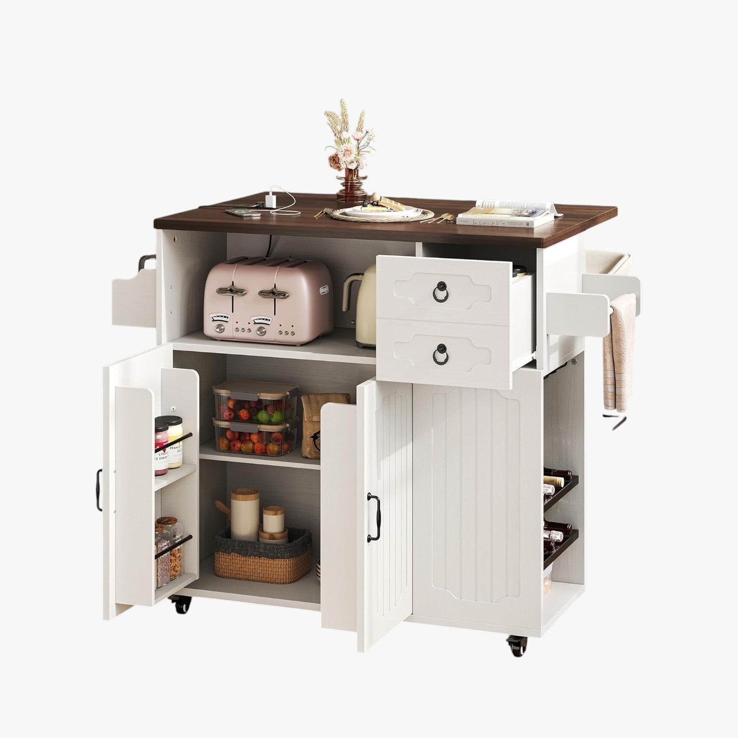 LIKIMIO 51" Mobile Kitchen Island Cart with Drop Leaf & Power Outlet