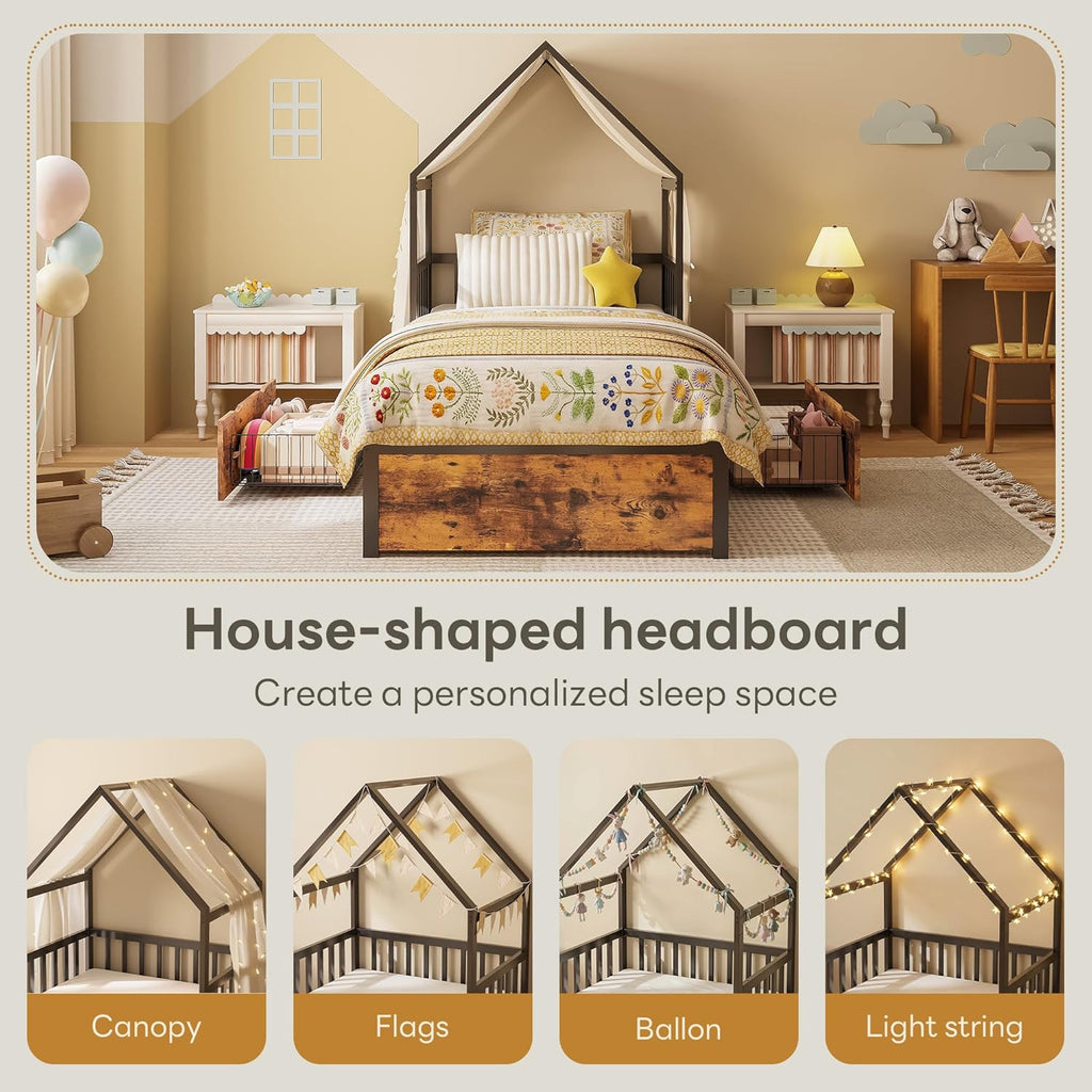 LIKIMIO Twin Bed Frame with 2 Storage Drawers, House Bed, Vintage Brown and Black