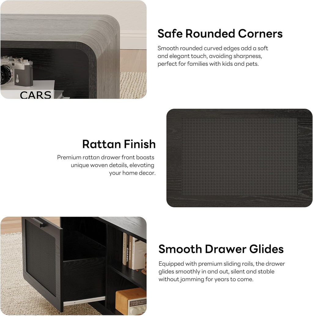 LIKIMIO 39.4" Rattan Coffee Table with Storage Drawers, Black