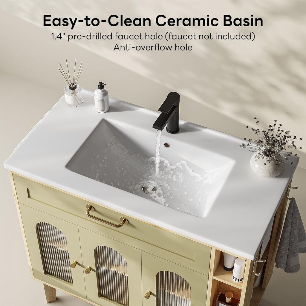 LIKIMIO 36 Inch Bathroom Vanity with Sink, Arched Glass Door Storage with Adjustable Shelf, 36" Single Sink Vanity