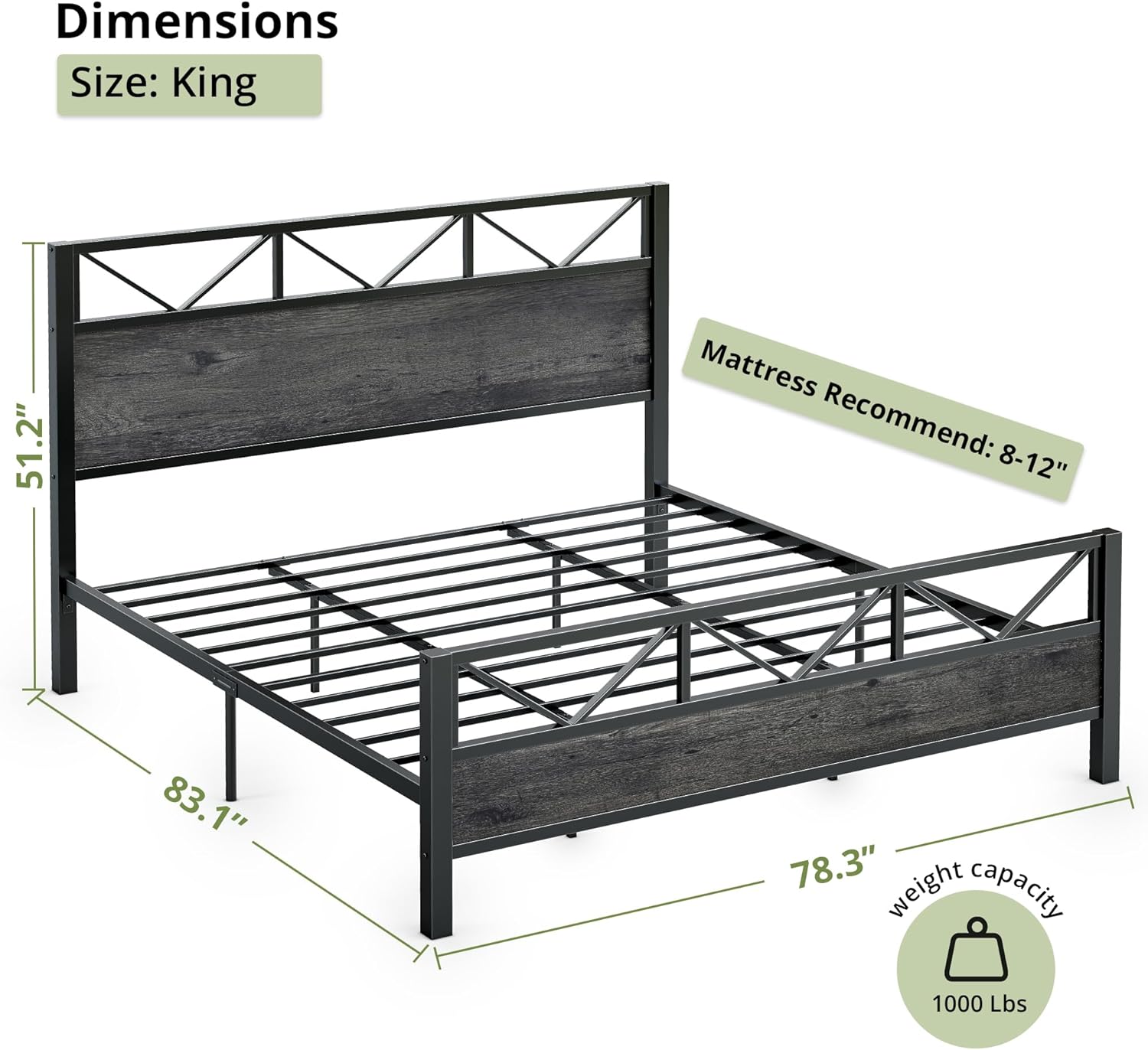 LIKIMIO High Industrial Style Headboard Bed Frame