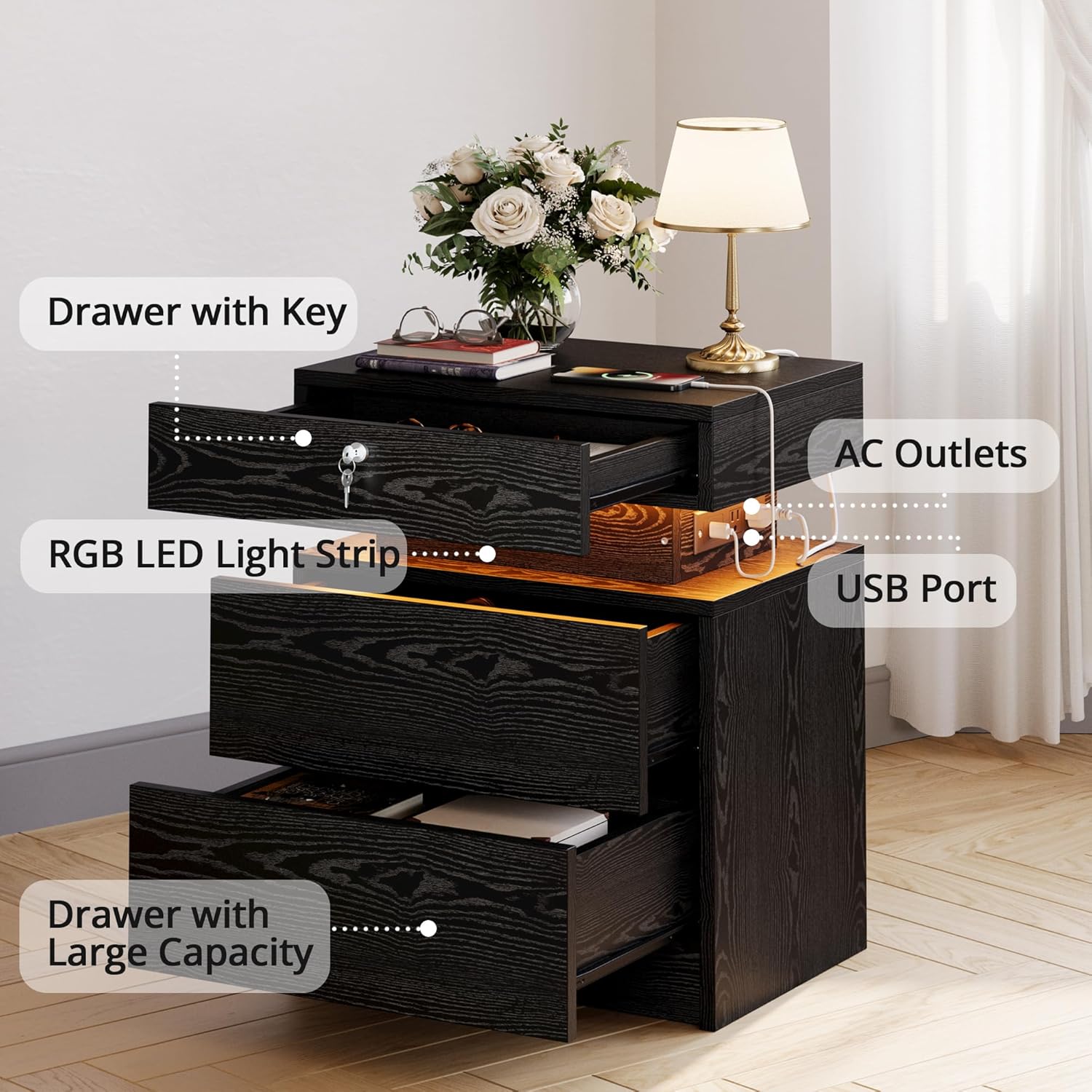 LIKIMIO Nightstand with Lock