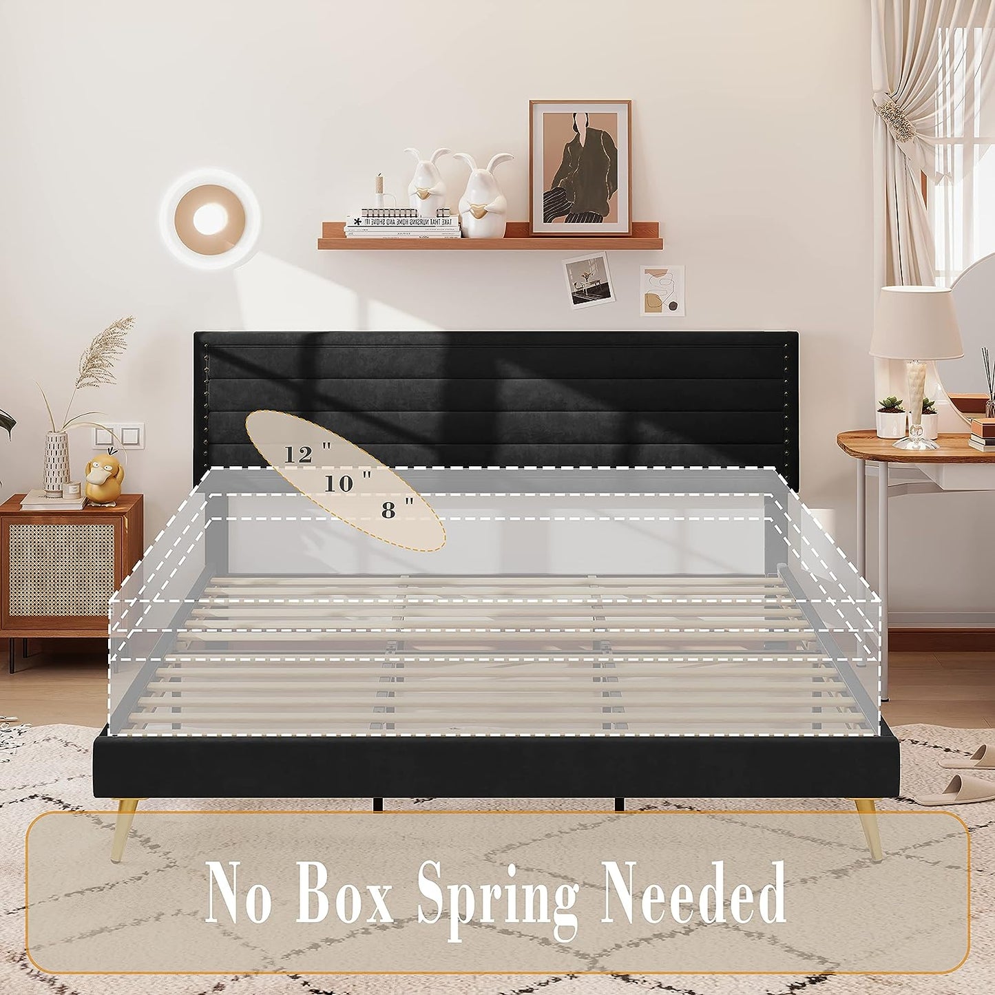 Noise-Free Black Upholstered Platform Bed with Headboard