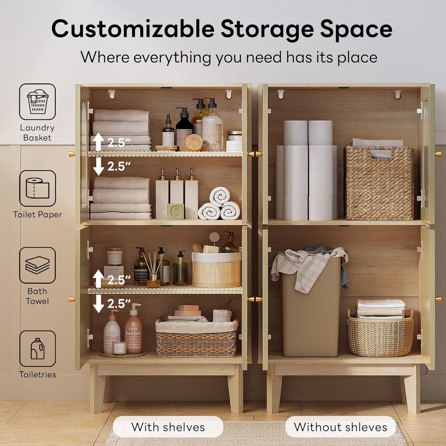 LIKIMIO Bathroom Storage Cabinet, Wooden Floor Cabinet with 4 Doors for Bathroom, Kitchen, or Dining Room