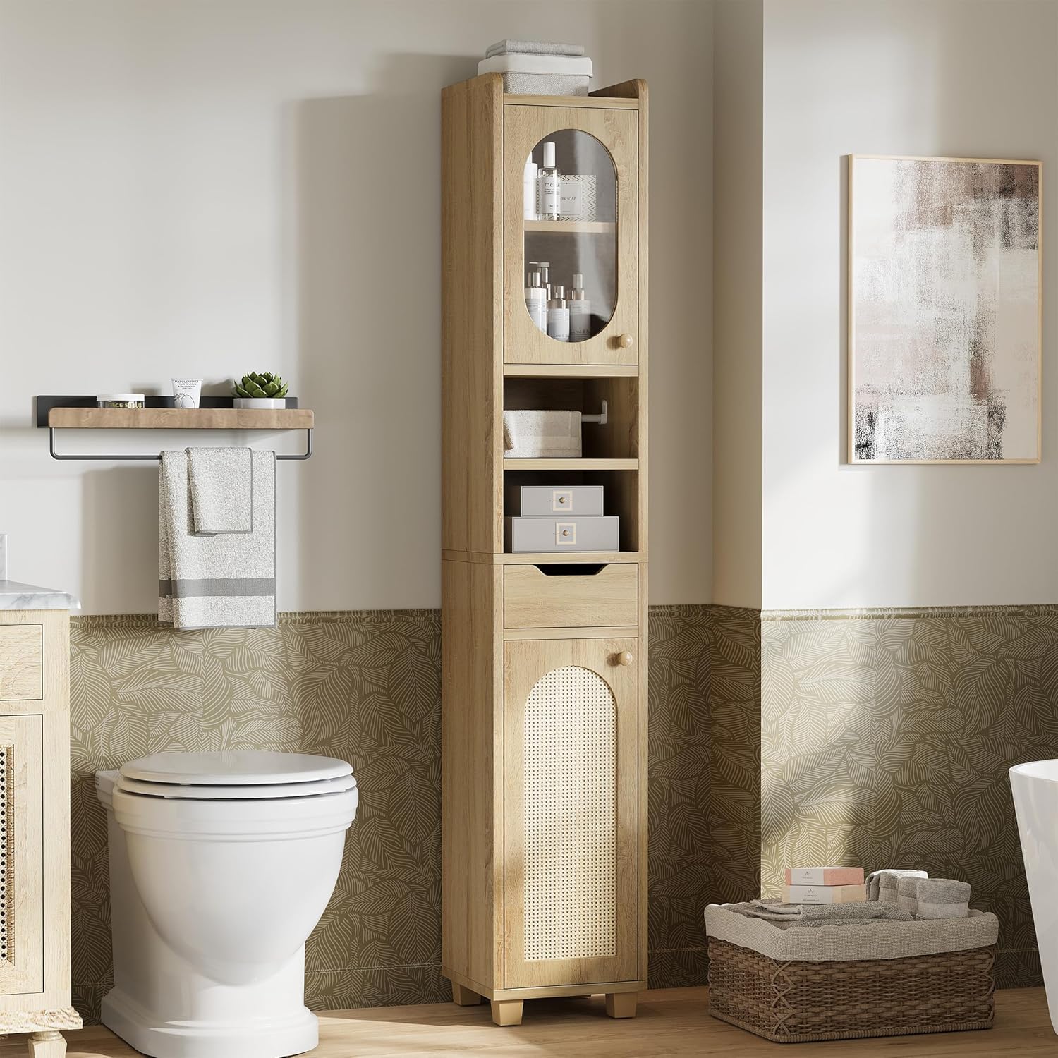 LIKIMIO Slim Freestanding Wooden Wicker Door Storage Cabinte (69 inches)