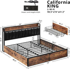 LIKIMIO California King Bed Frame with 4 Storage Drawers, Platform Bed with Charged Headboard