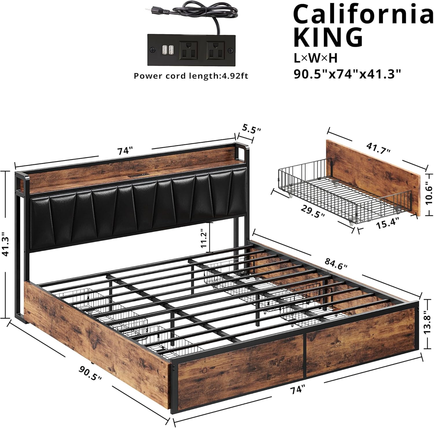LIKIMIO California King Bed Frame with 4 Storage Drawers, Platform Bed with Charged Headboard