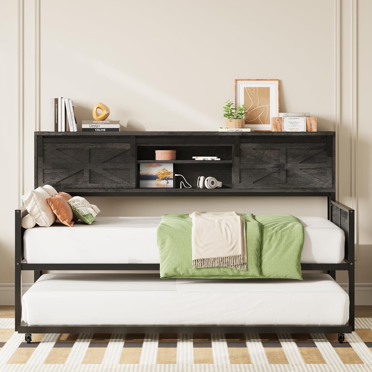 LIKIMIO Farmhouse Trundle Sofa Bed