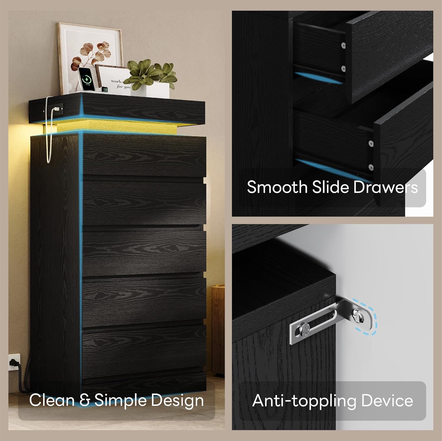 LIKIMIO Wooden 5 Drawer Tallboy (54")