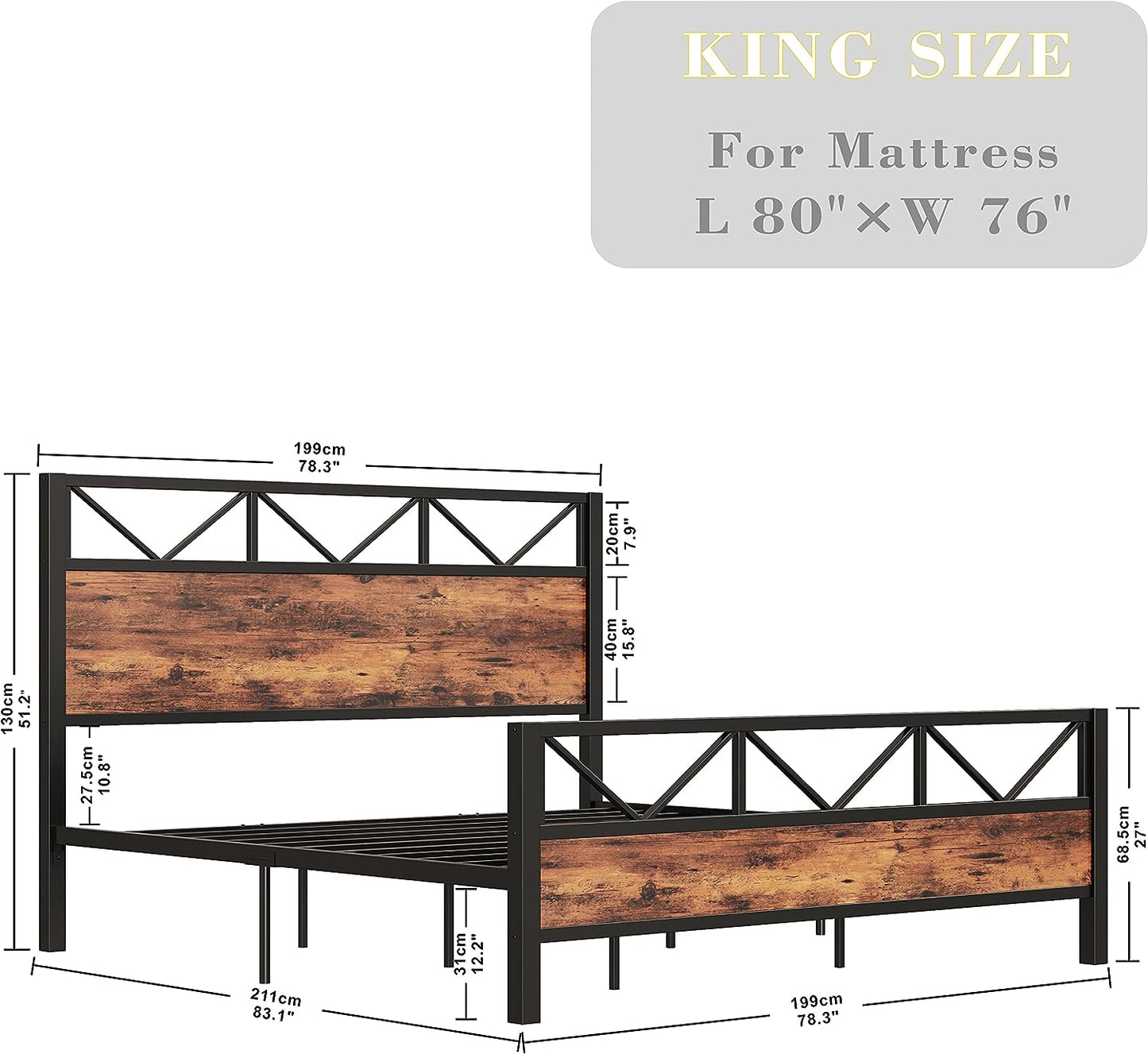 Vintage Brown Tall Headboard Bed Frame