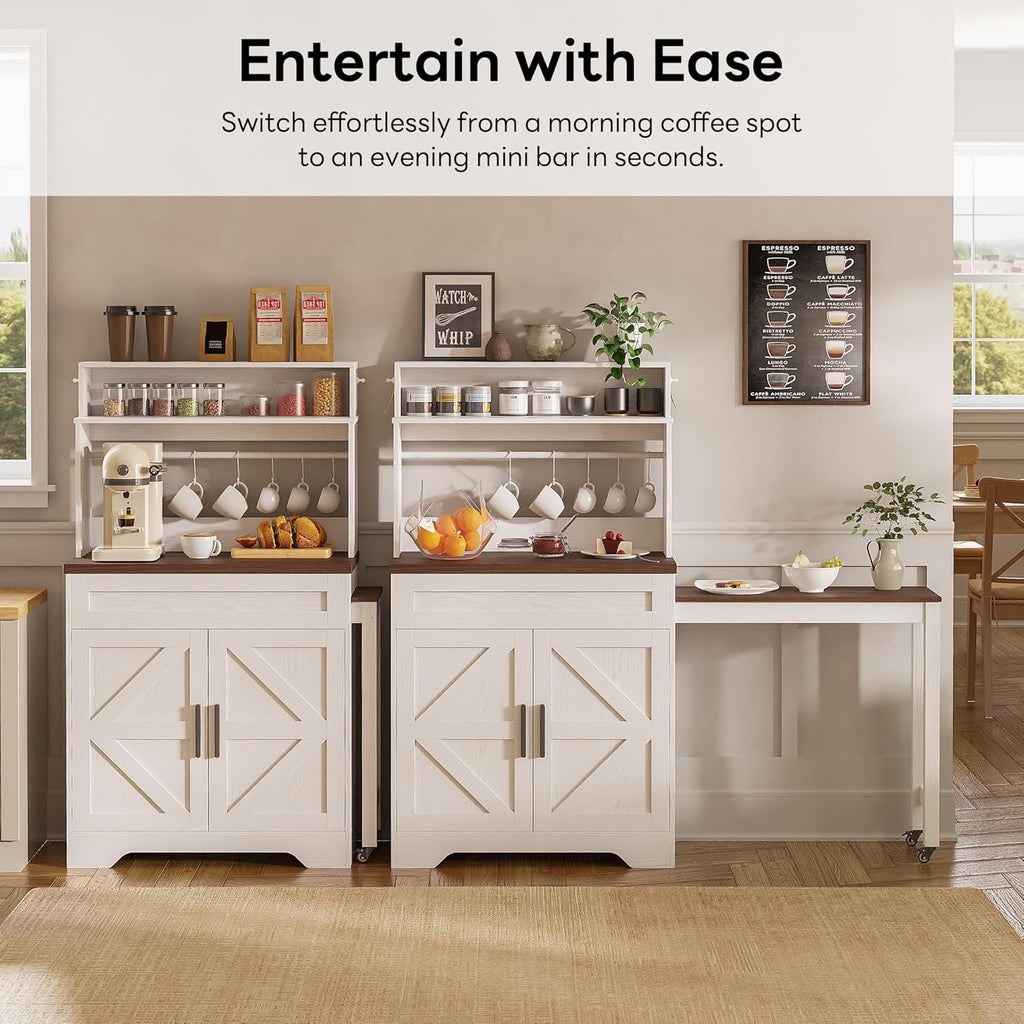 LIKIMIO 57" Coffee Bar Cabinet with Extendable Table & Magnetic Board, White