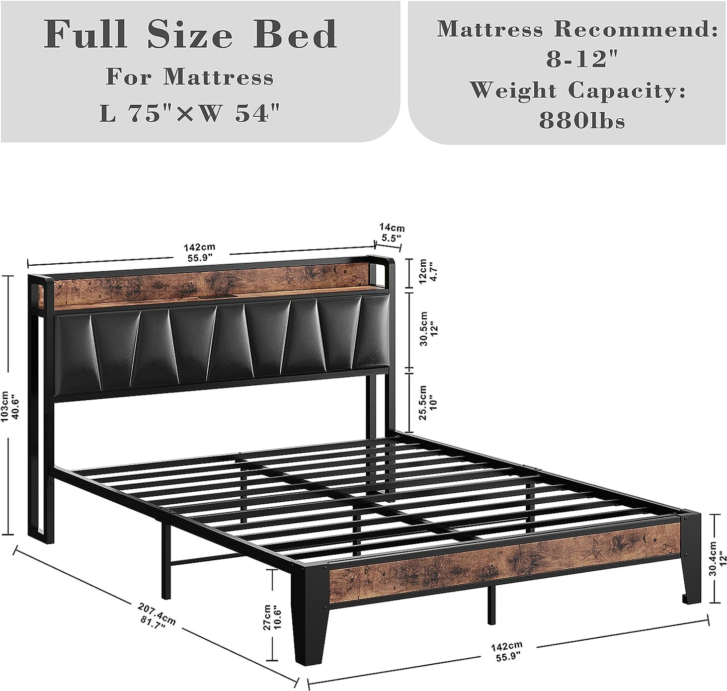 LIKIMIO Storage Headboard Bed Frame with Charging Station Black