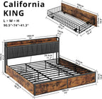 LIKIMIO California King Bed Frame with 4 Storage Drawers, Platform Bed with Charged Headboard