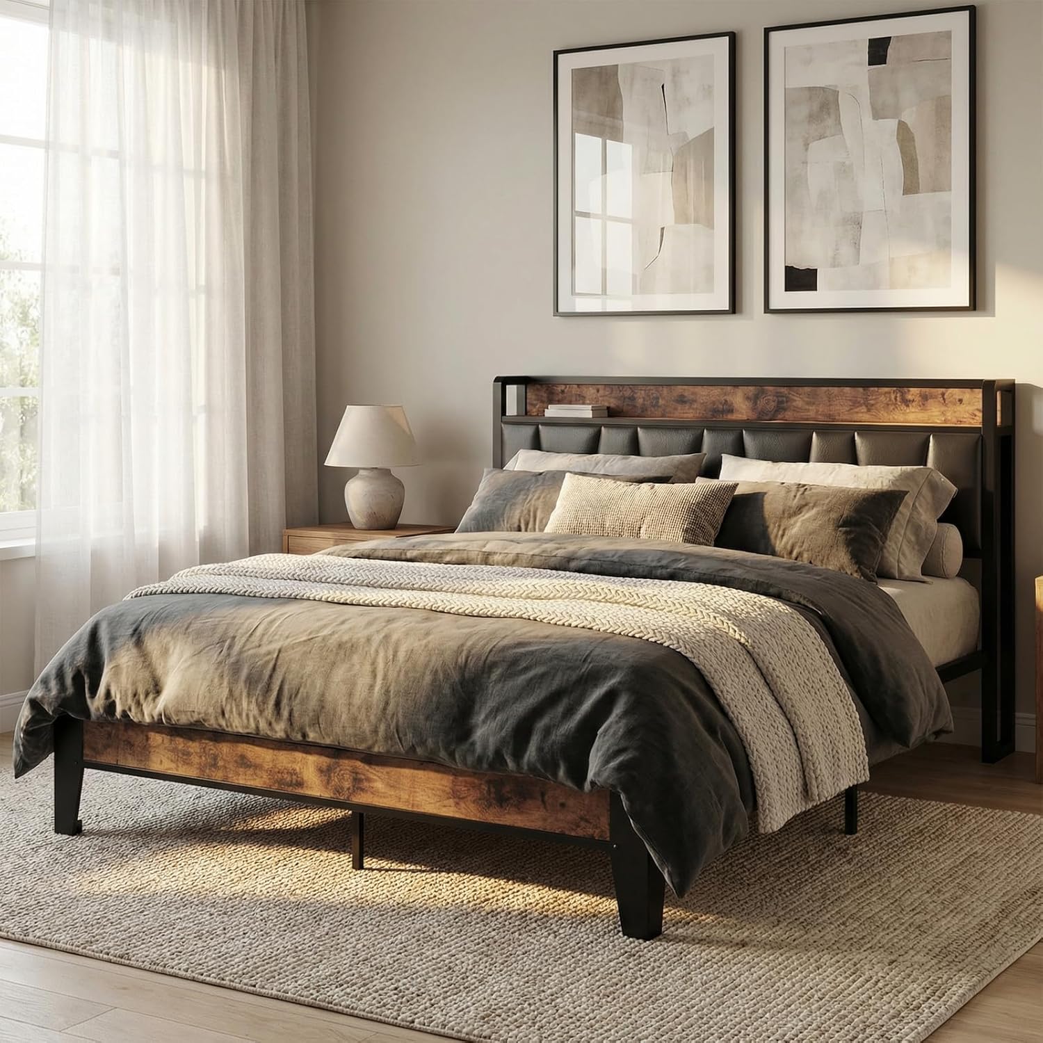 LIKIMIO King Bed Frames, with Charging Station, Wood and Cream