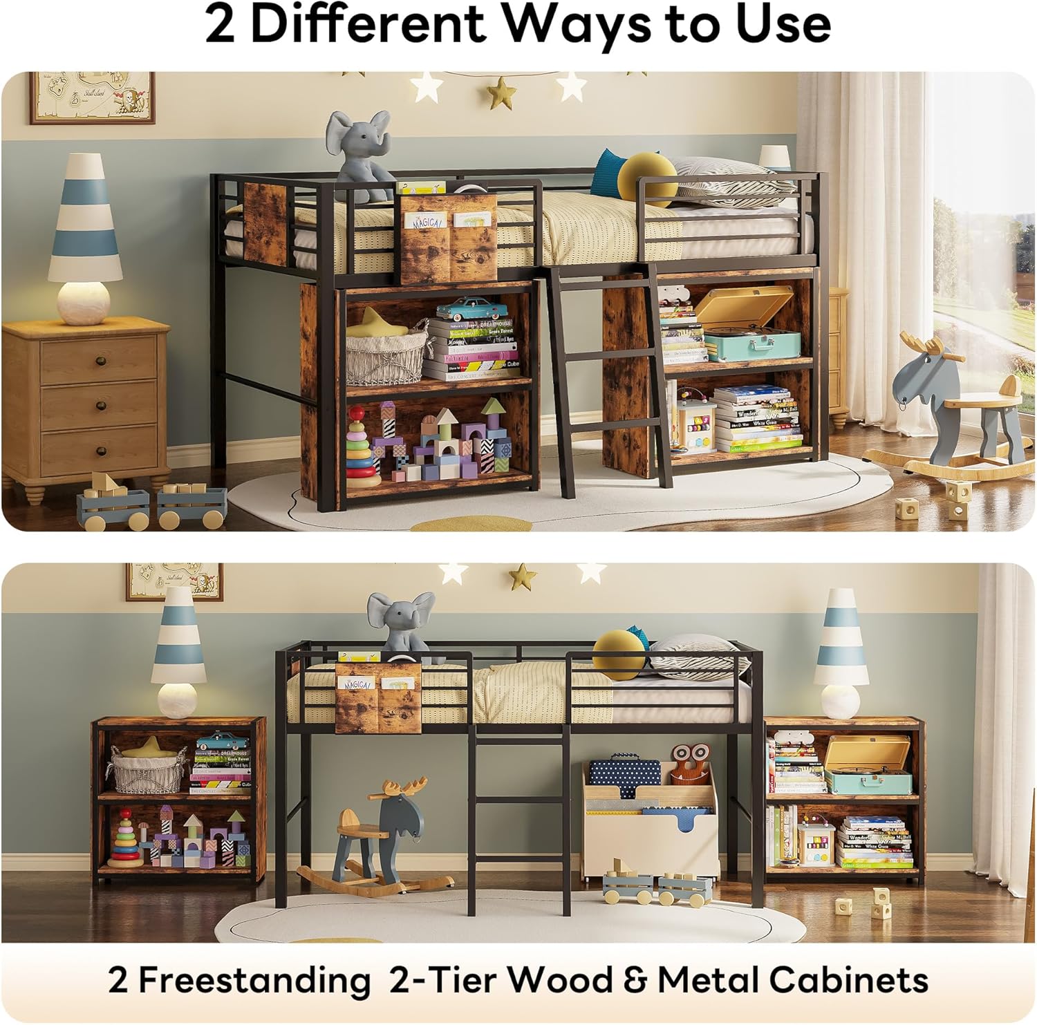 LIKIMIO Low Loft Bed with 2 Storage Vabinets