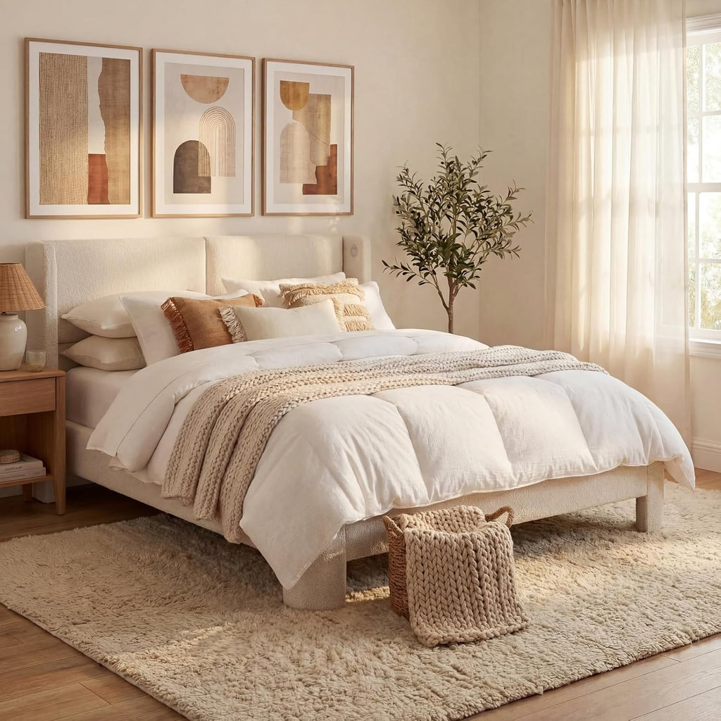 LIKIMIO Full Bed Frame with Headboard, with USB Ports, Cream White