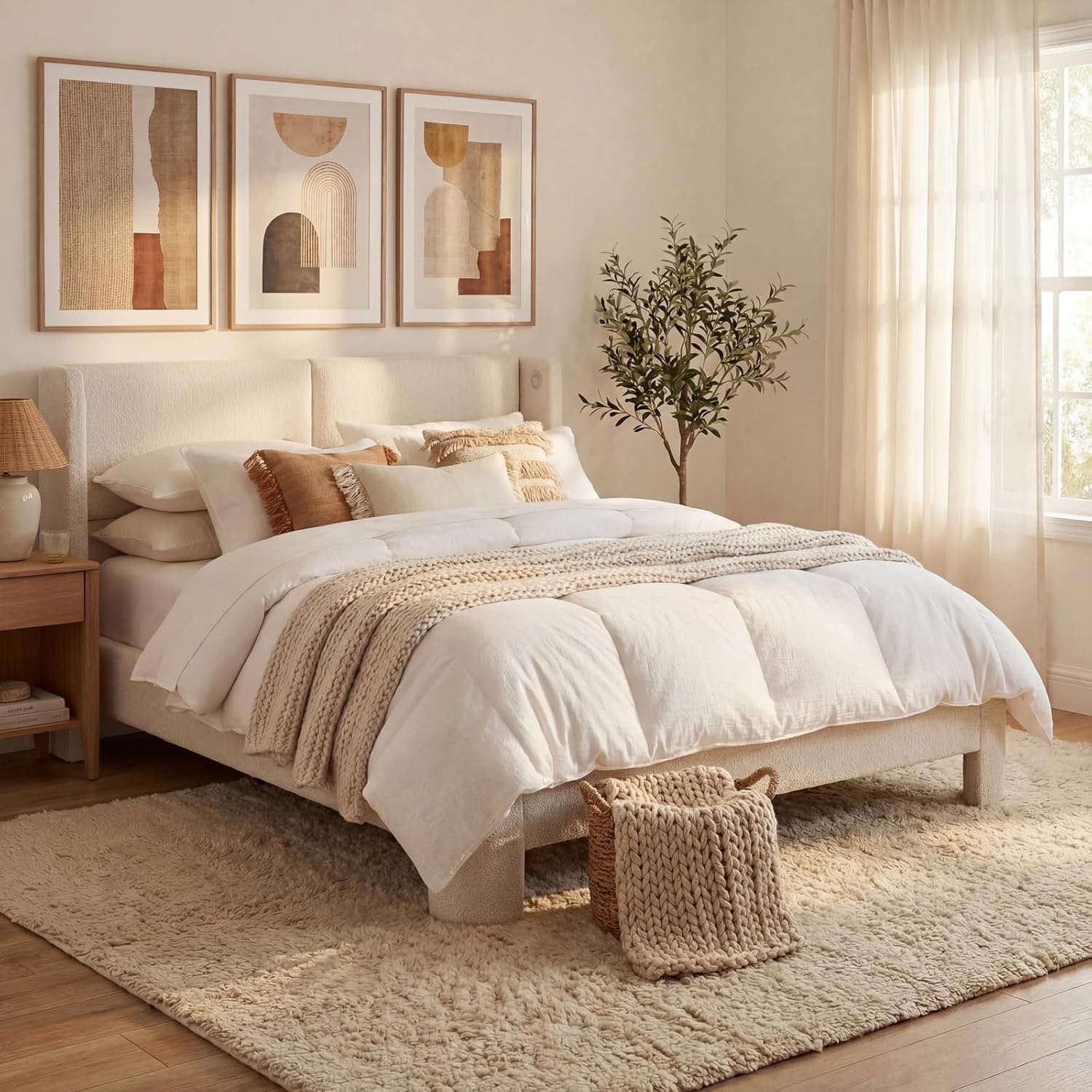 LIKIMIO Full Bed Frame with Headboard, with USB Ports, Cream White