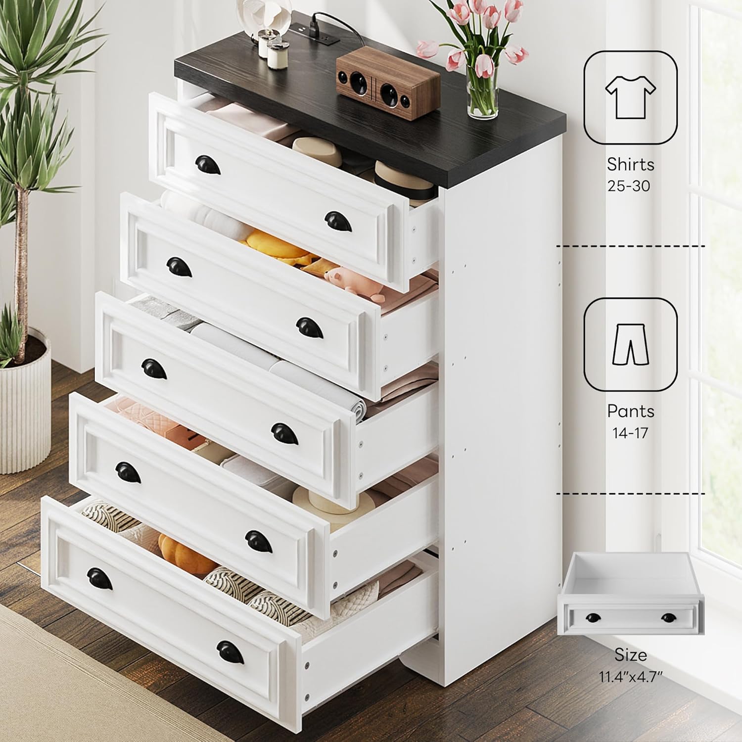LIKIMIO 5-Drawer 43" Tall Dresser with Built-in Charging Station
