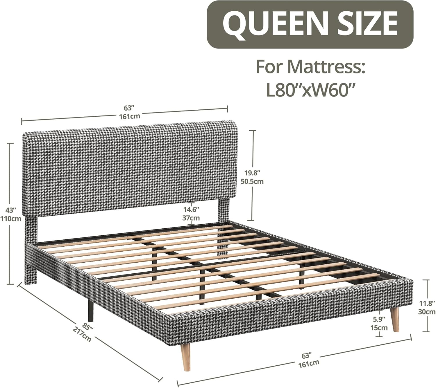 LIKIMIO Wooden Checkered Bed Frame & 100% Cotton Soft Mattress