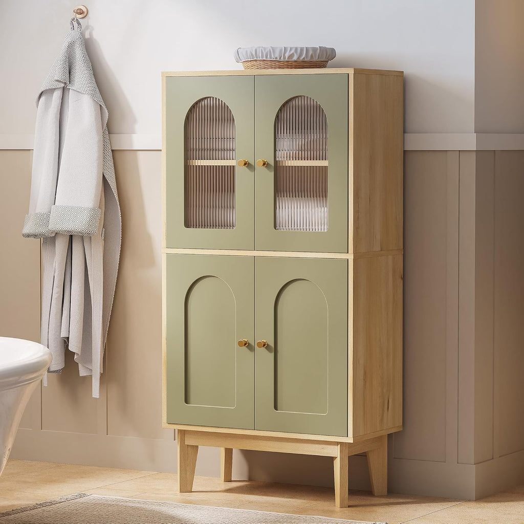 LIKIMIO Bathroom Storage Cabinet, Wooden Floor Cabinet with 4 Doors for Bathroom, Kitchen, or Dining Room