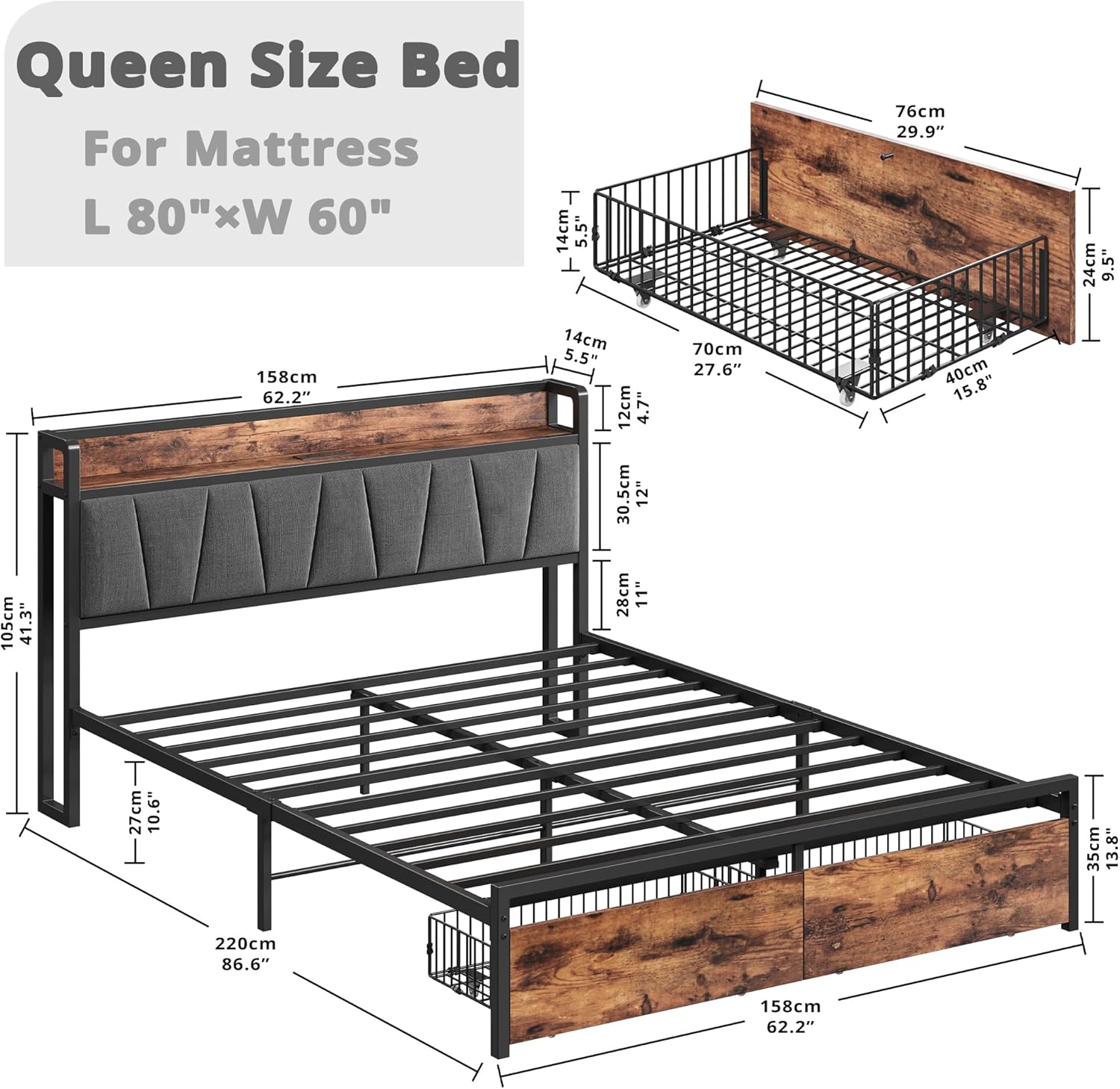 LIKIMIO Charging Storage Bed Frame