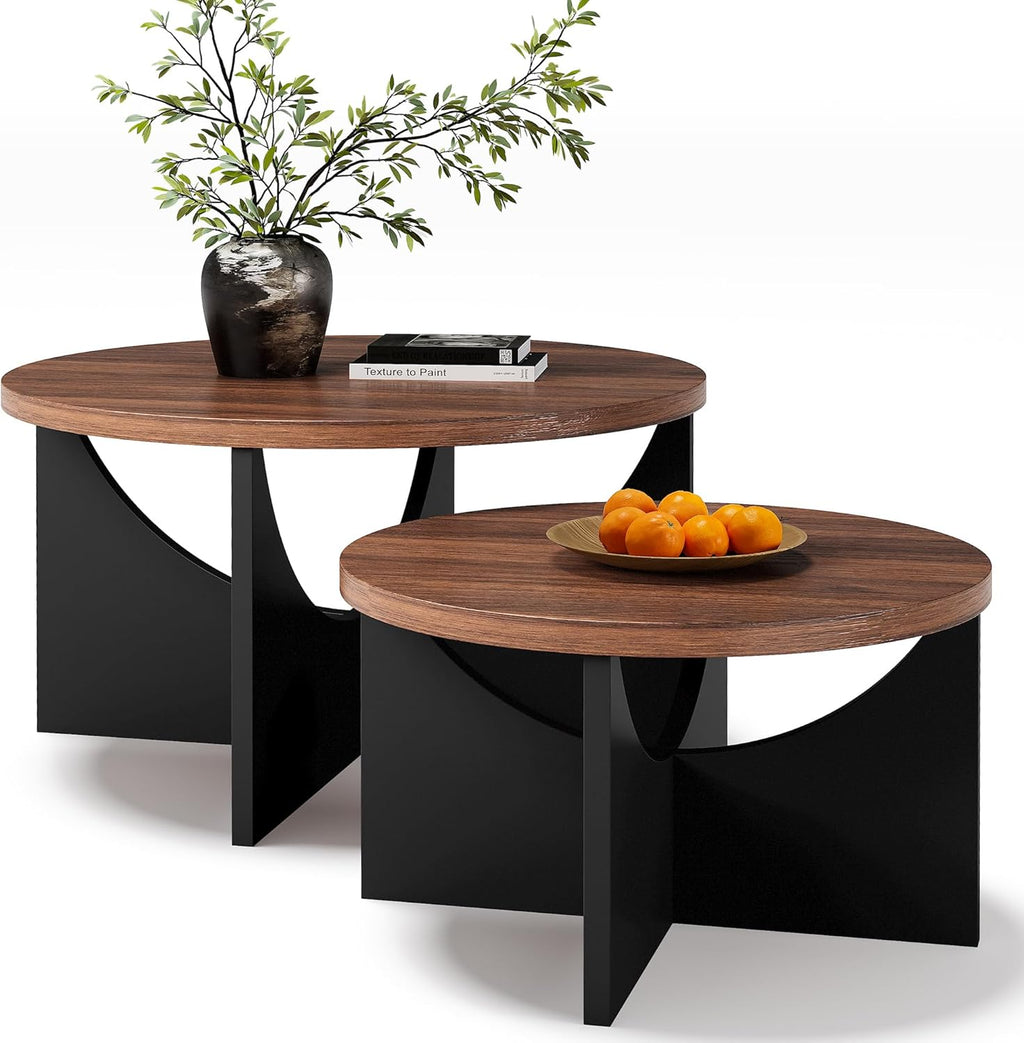 LIKIMIO 31.5" Nesting Round Side Coffee Tables Set of 2,  Walnut