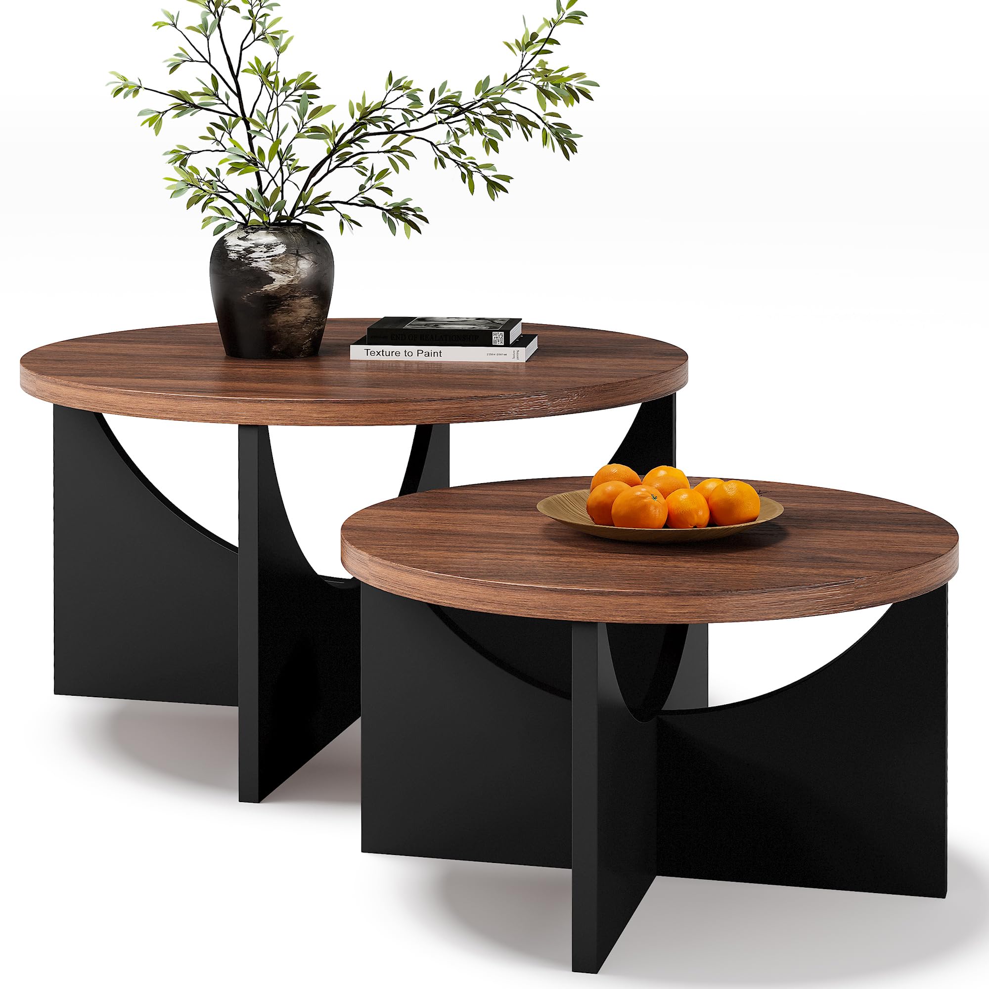 LIKIMIO 31.5" Nesting Round Side Coffee Tables Set of 2,  Walnut