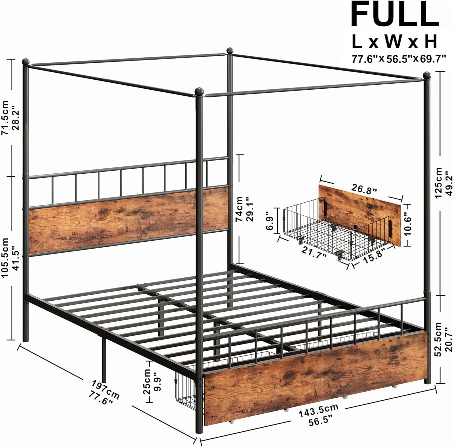 LIKIMIO Canopy Bed Frame with Drawers