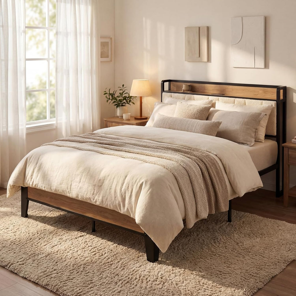 LIKIMIO King Bed Frames, with Charging Station, Wood and Cream