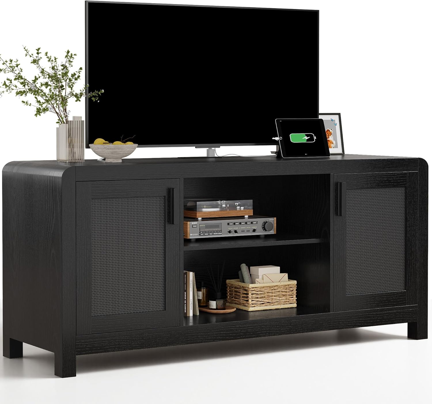 LIKIMIO TV Stand with Power Outlet for TVs up to 65", Natural