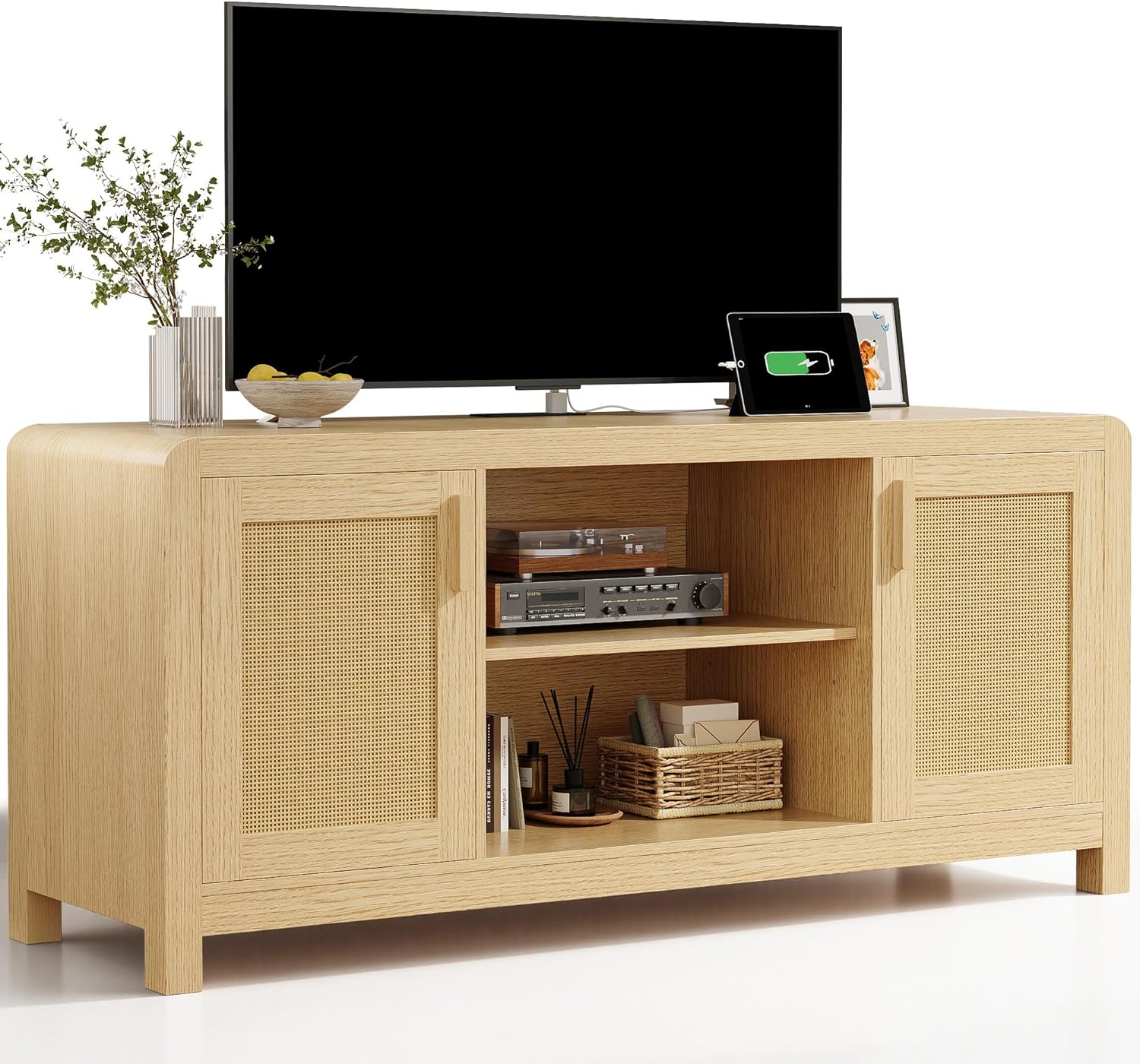 LIKIMIO TV Stand with Power Outlet for TVs up to 65", Natural