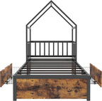 LIKIMIO Twin Bed Frame with 2 Storage Drawers, House Bed, Vintage Brown and Black