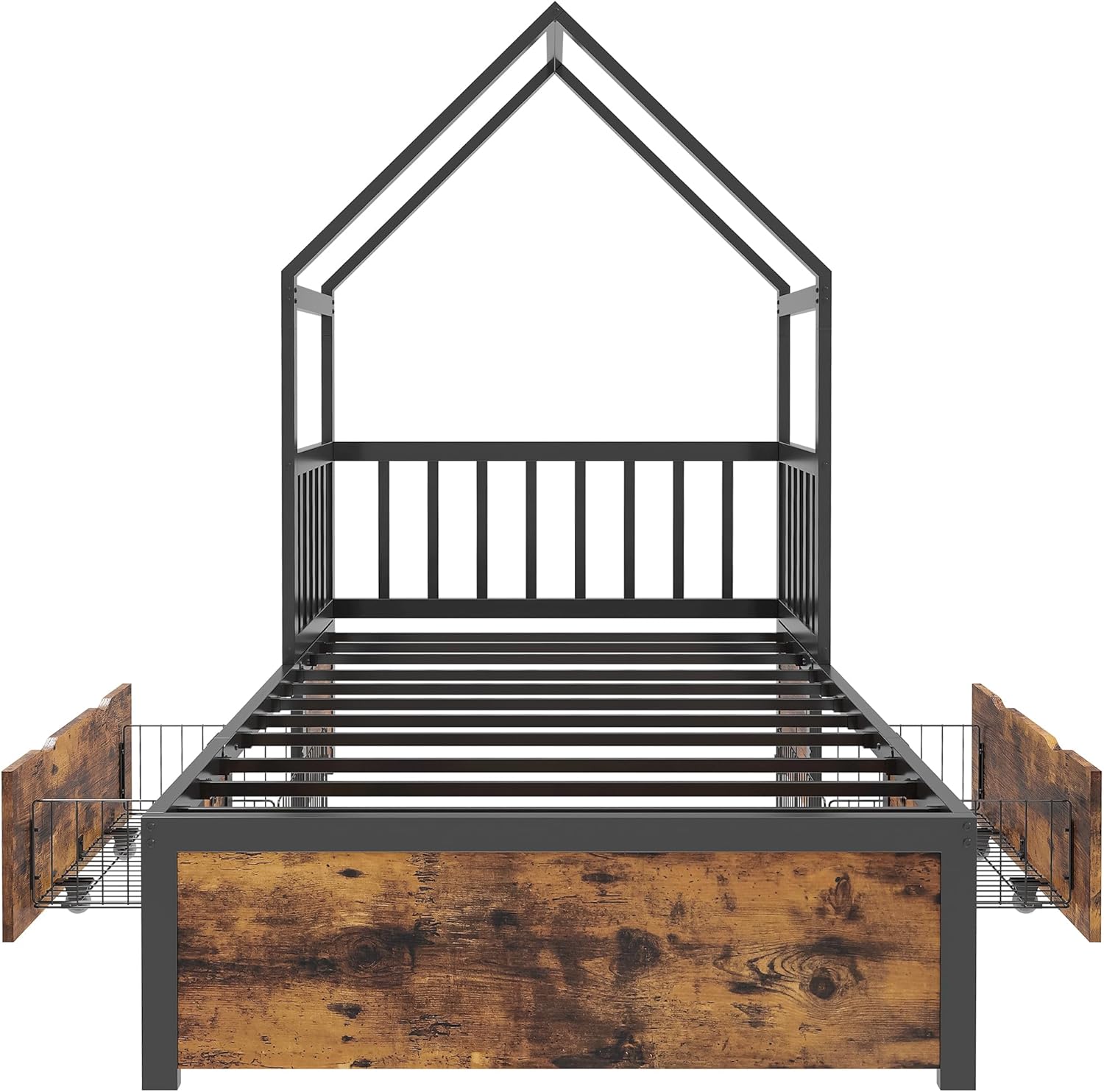 LIKIMIO Twin Bed Frame with 2 Storage Drawers, House Bed, Vintage Brown and Black