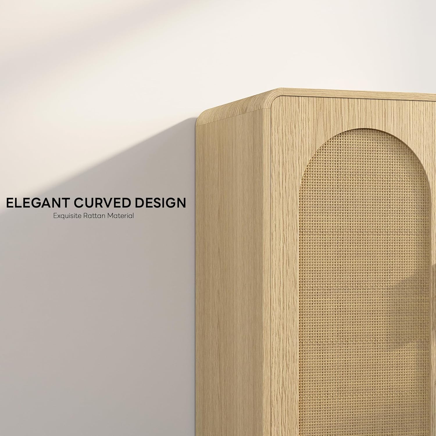 LIKIMIO Rattan Storage Cabinet with LED Lights & Power Outle, Natural