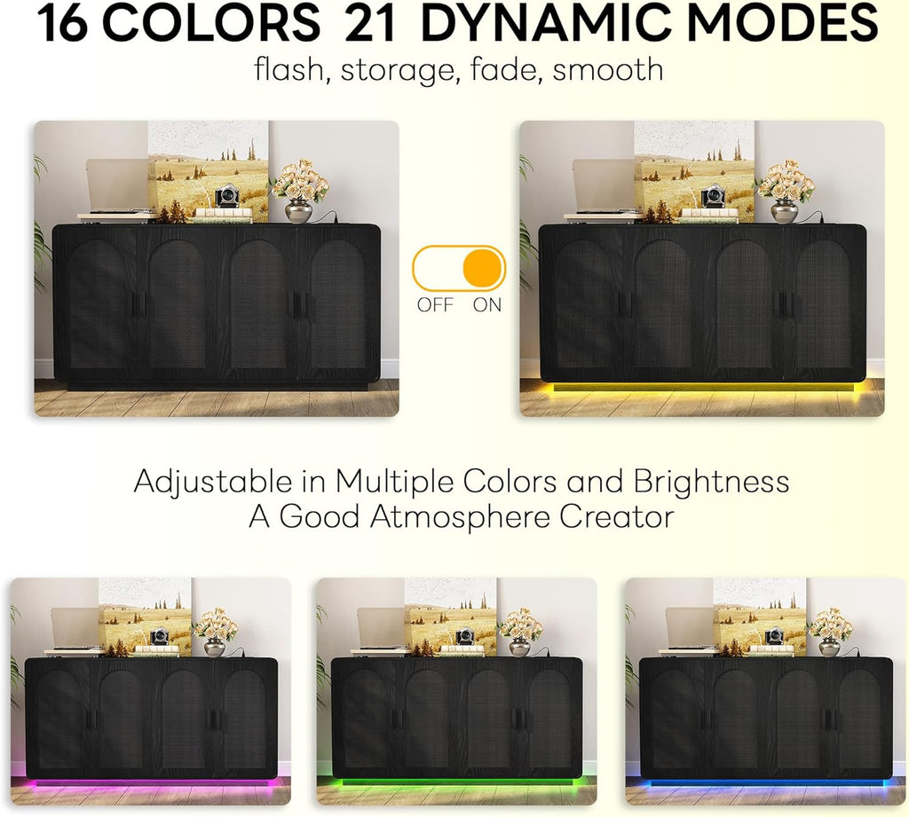 LIKIMIO Rattan Storage Cabinet with LED Lights & Power Outlet, Black