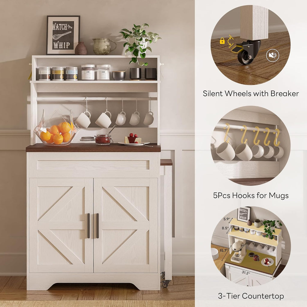 LIKIMIO 57" Coffee Bar Cabinet with Extendable Table & Magnetic Board, White