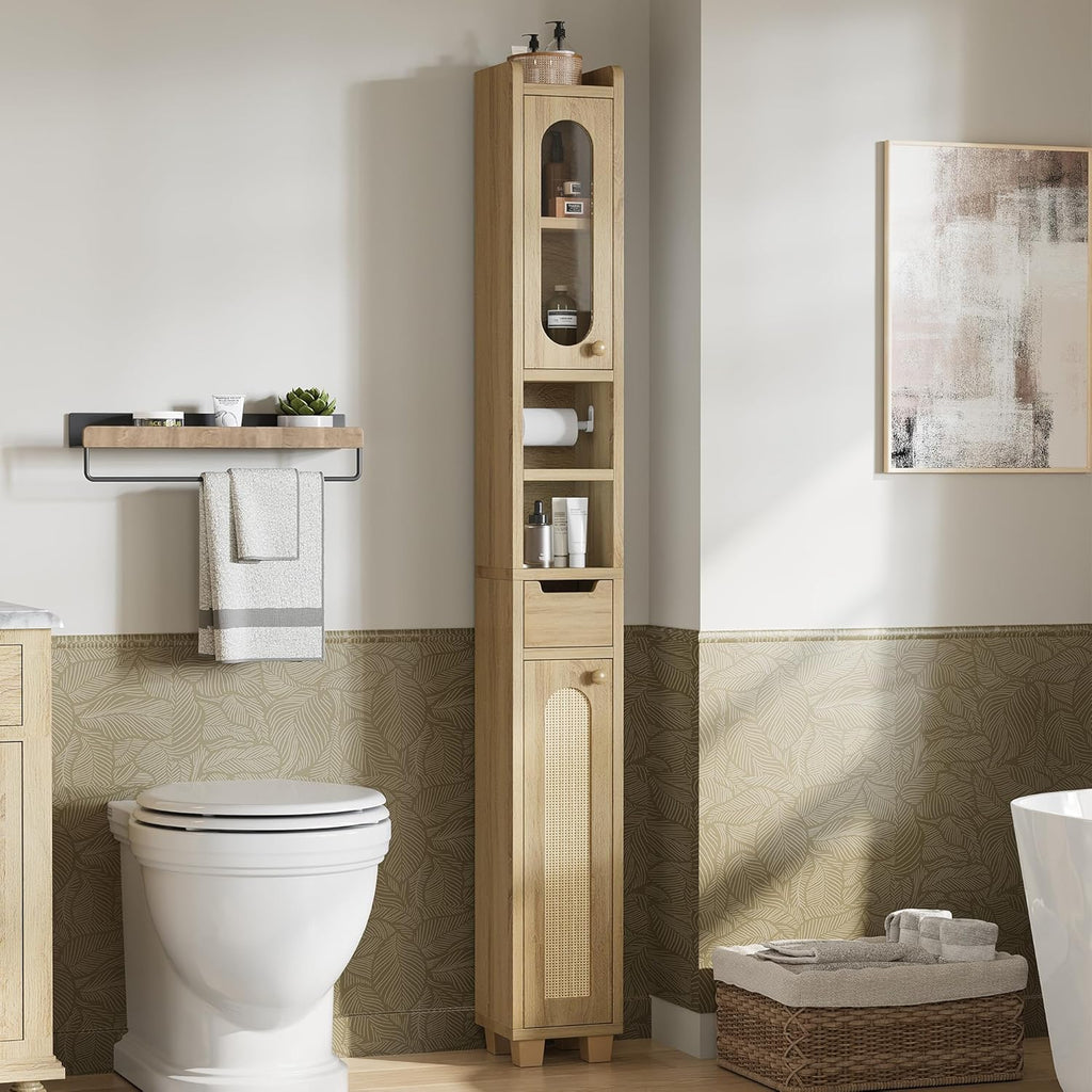 LIKIMIO Ultra-Thin Freestanding Wooden and Rattan Door Storage Cabinet (69“)