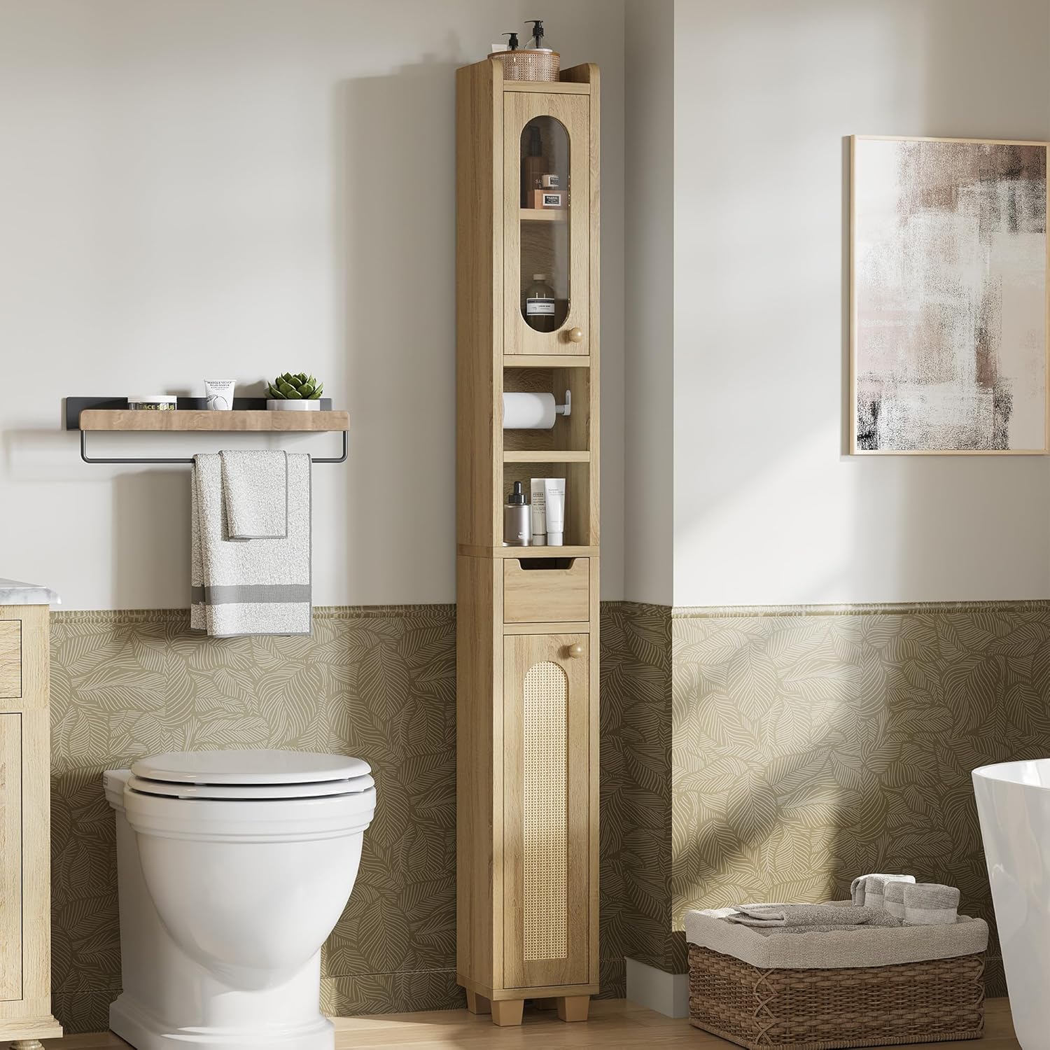 LIKIMIO Ultra-Thin Freestanding Wooden and Rattan Door Storage Cabinet (69“)