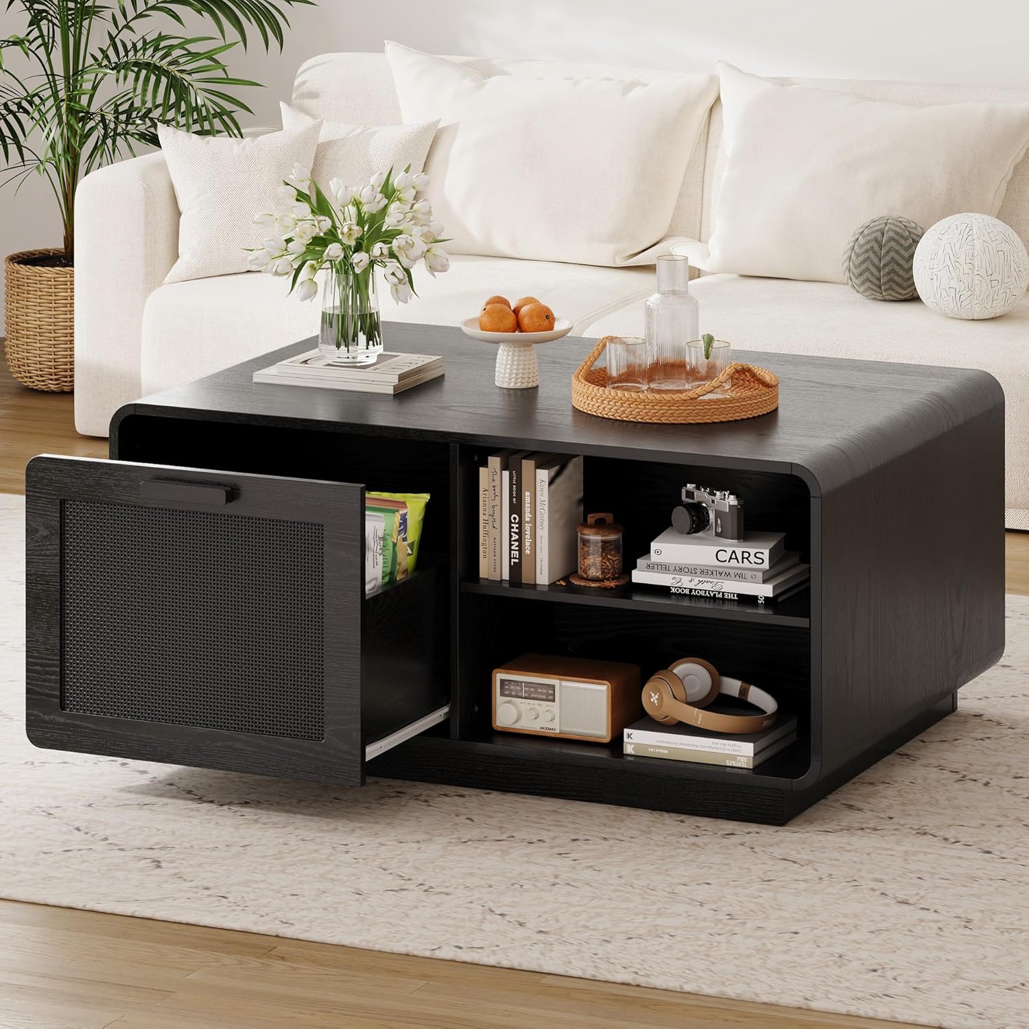 LIKIMIO 39.4" Rattan Coffee Table with Storage Drawers, Black