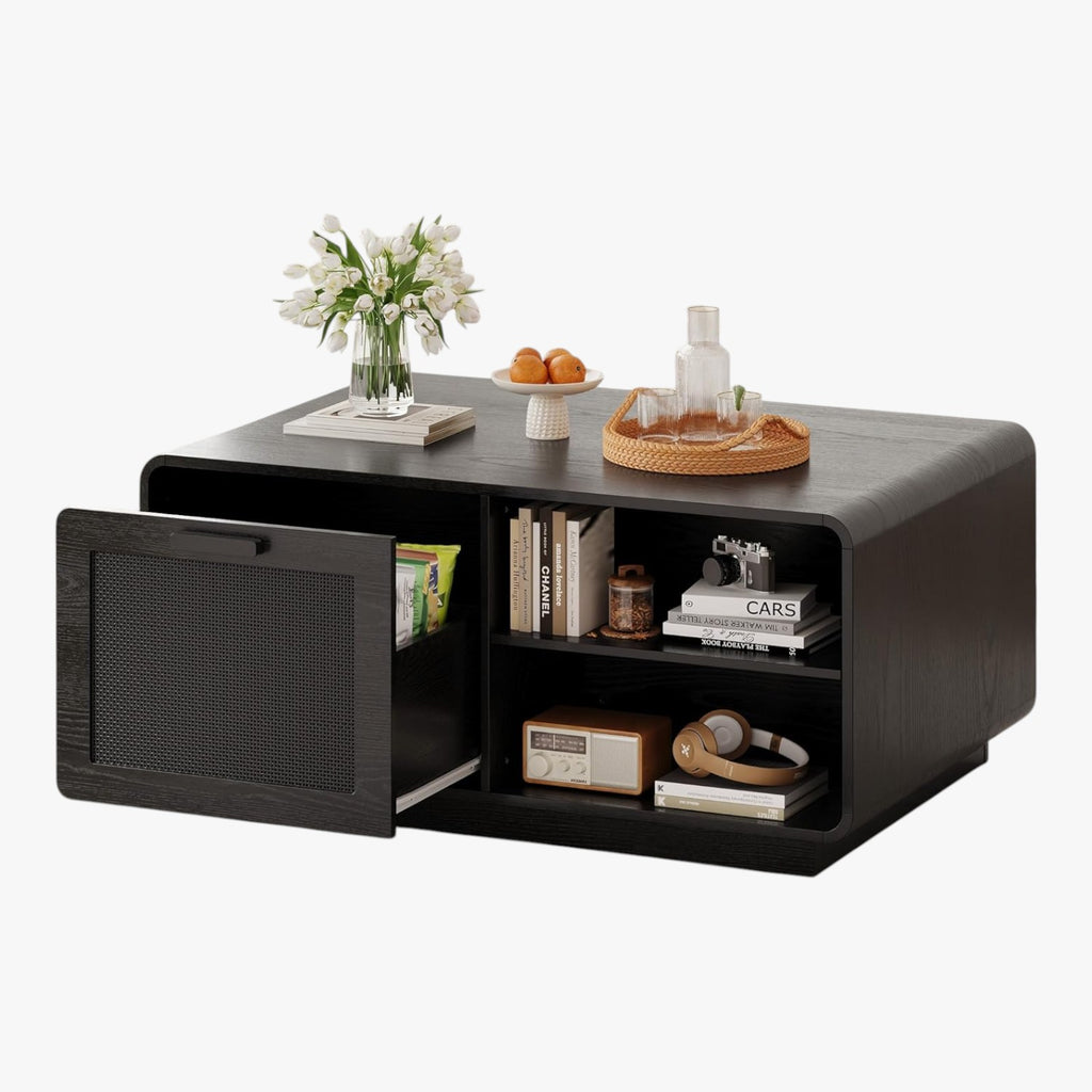 LIKIMIO 39.4" Rattan Coffee Table with Storage Drawers, Black